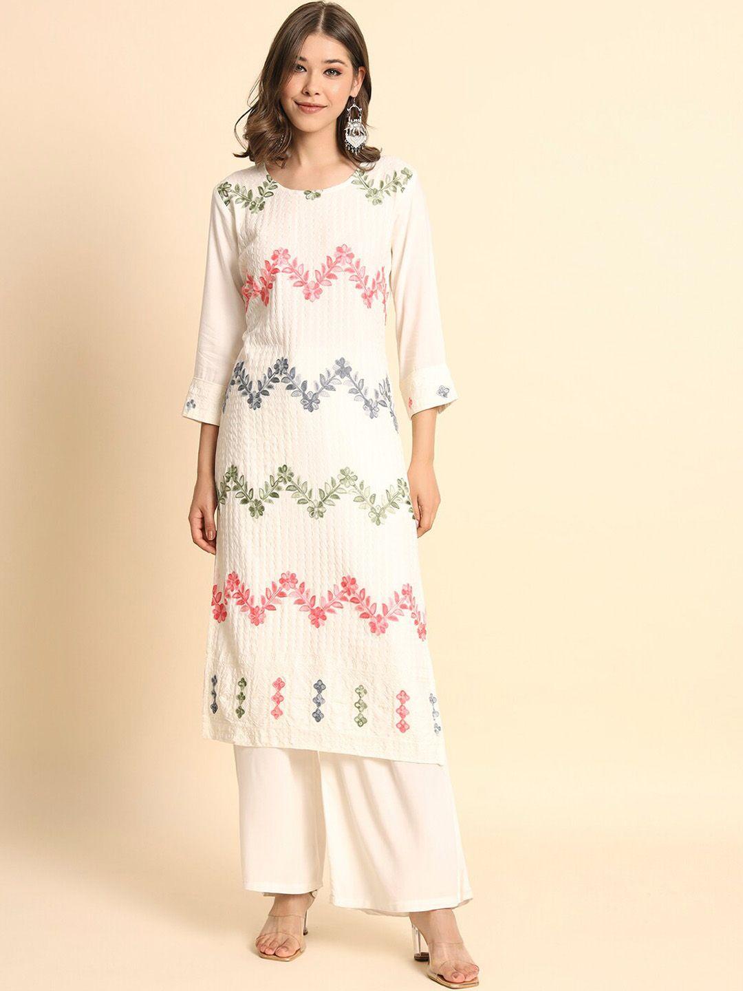 here&now floral embroidered thread work straight kurta