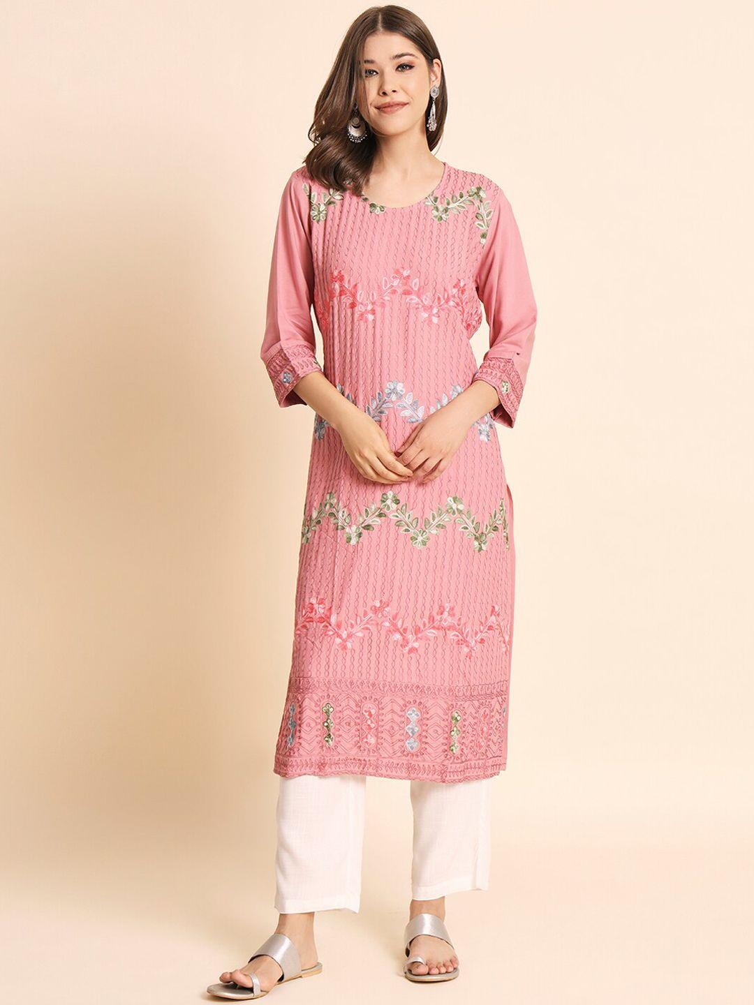 here&now floral embroidered thread work straight kurta