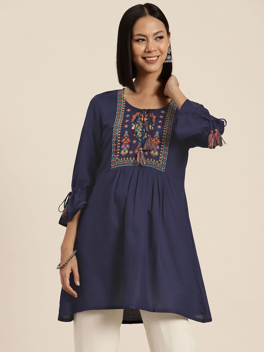 here&now floral embroidered tie-up neck bell sleeves kurti
