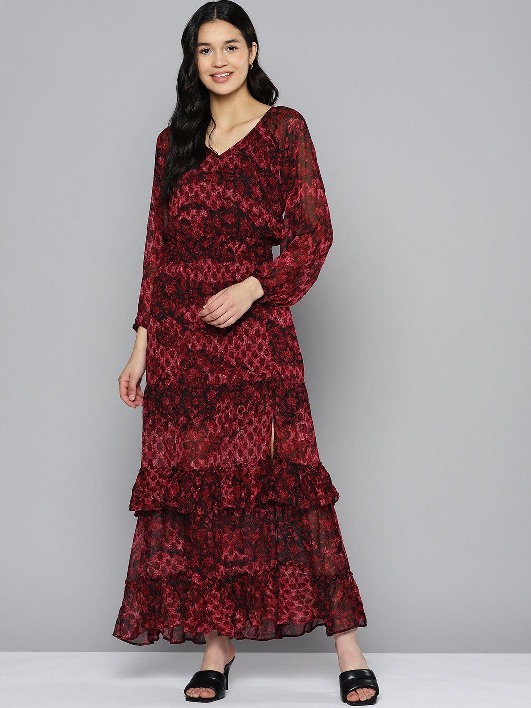 here&now floral print bishop sleeves maxi tiered dress with ruffles