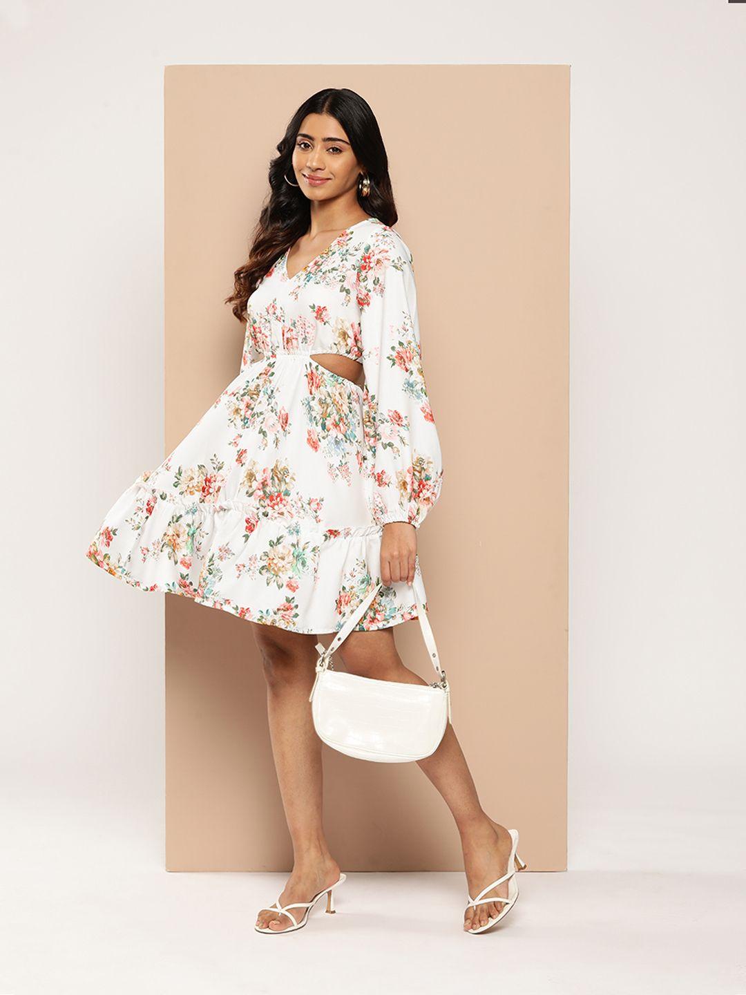 here&now floral print cut-out detail a-line dress