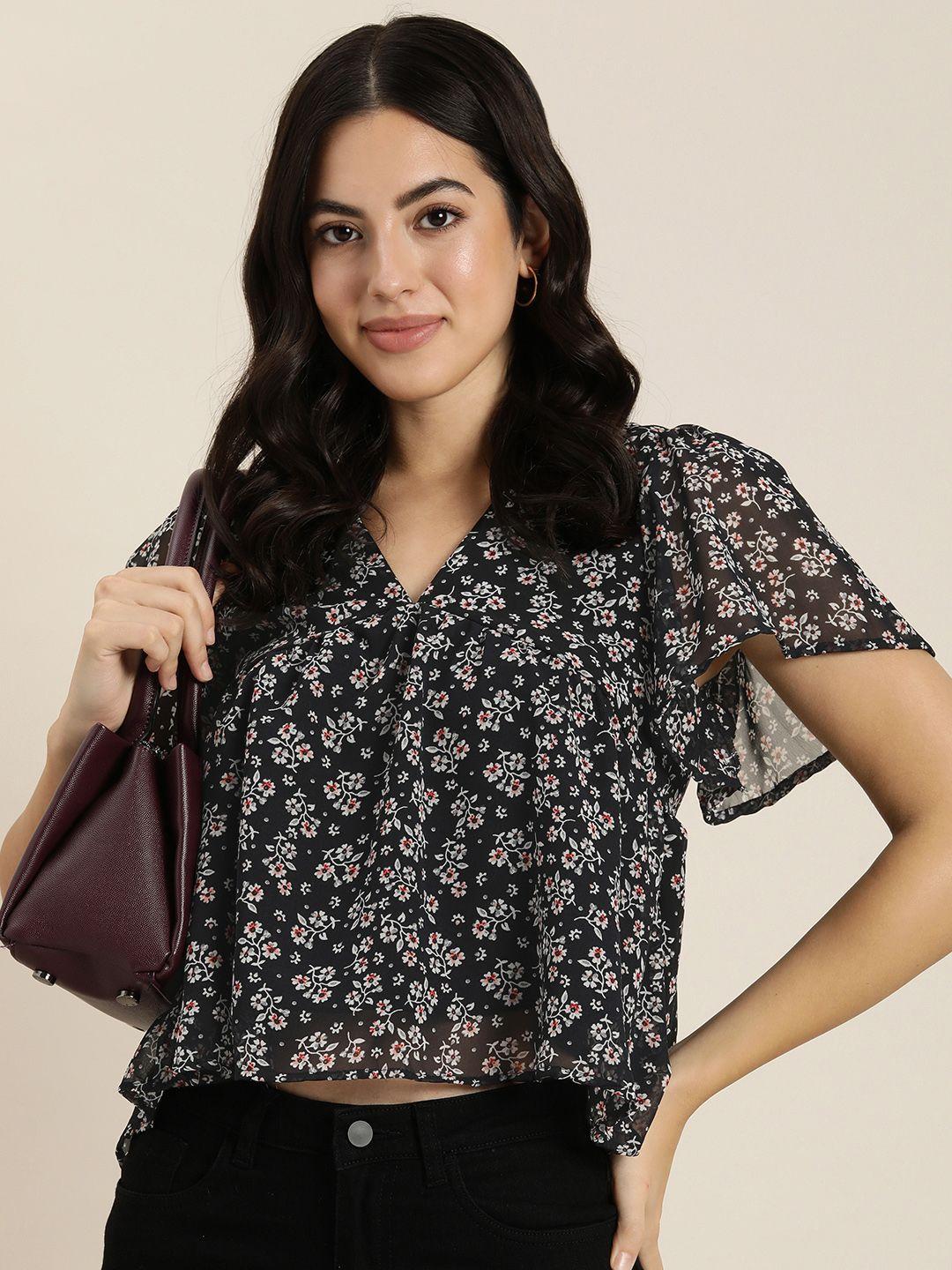 here&now floral print flared sleeve empire top