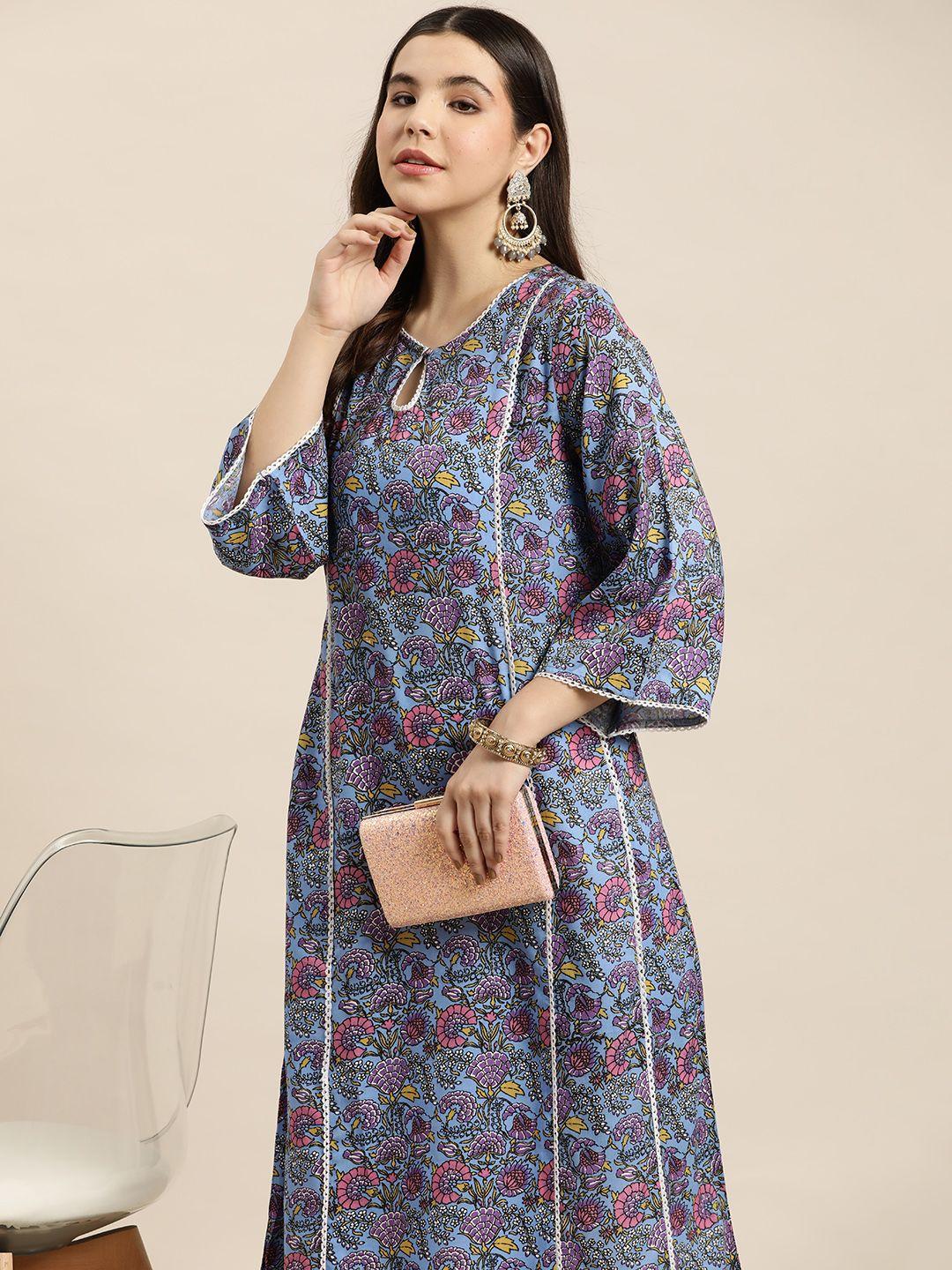 here&now floral print keyhole neck pure cotton kurta