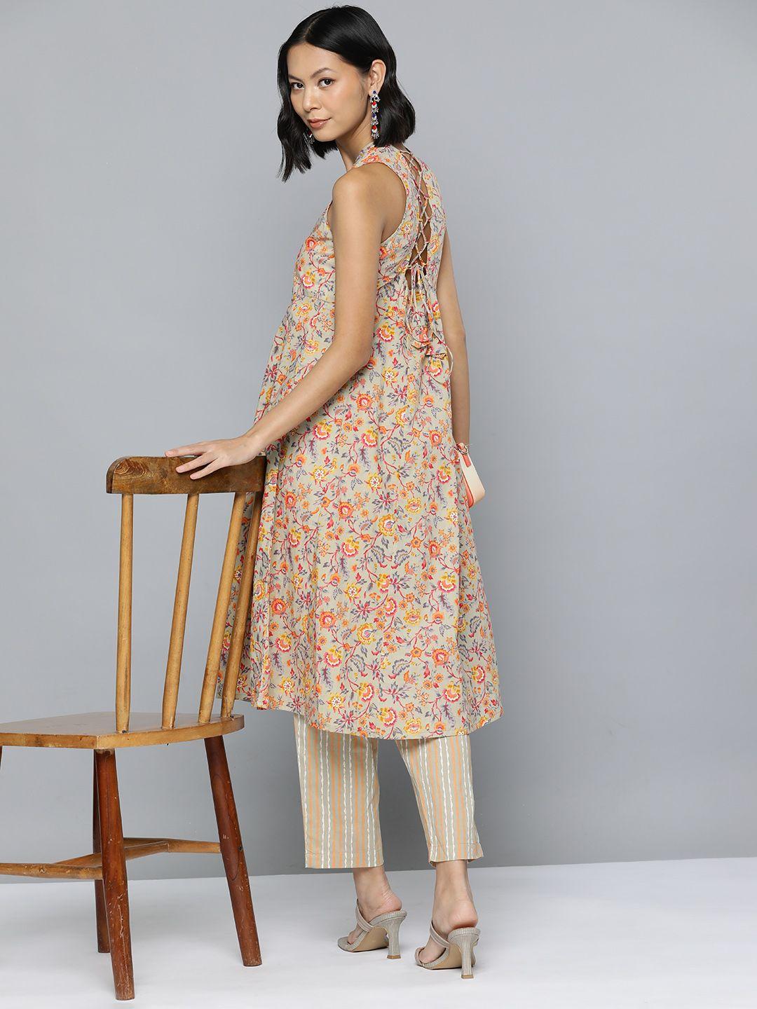 here&now floral print lace-up back pure cotton kurta with trousers