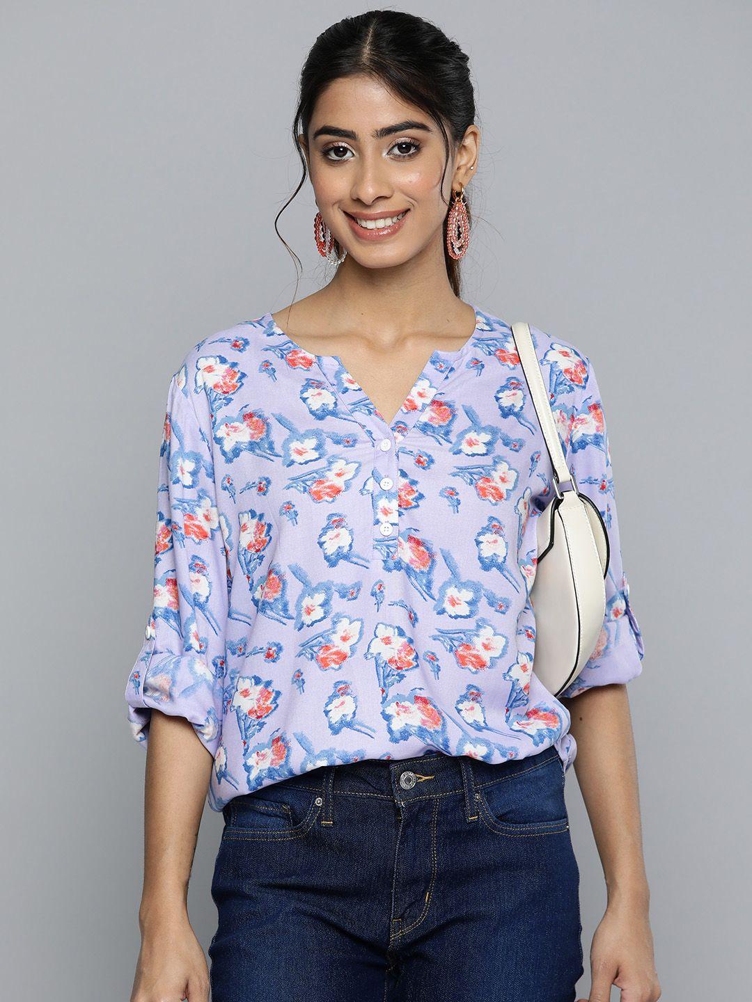 here&now floral print mandarin collar roll-up sleeves longline top