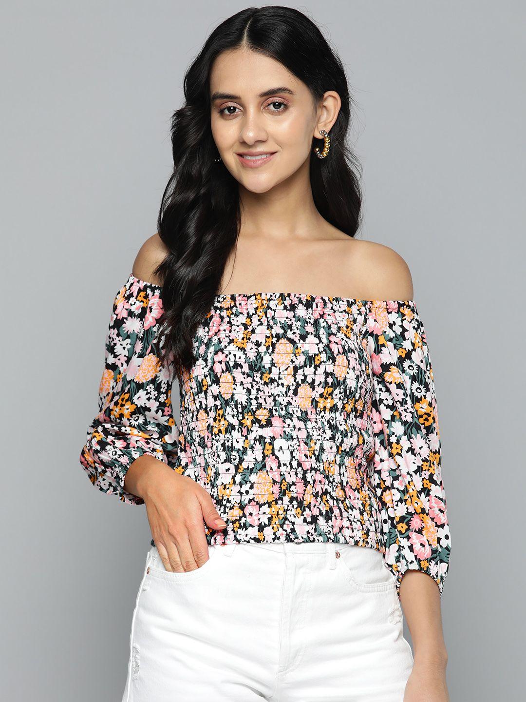 here&now floral print off-shoulder smocked top