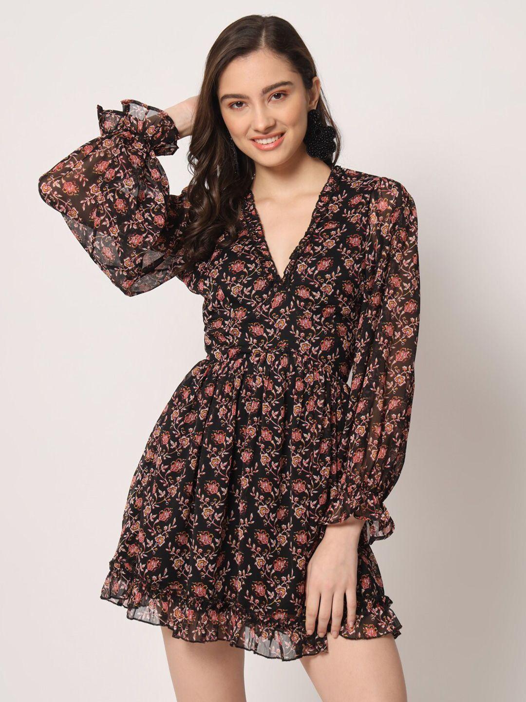 here&now floral print puff sleeve georgette mini dress
