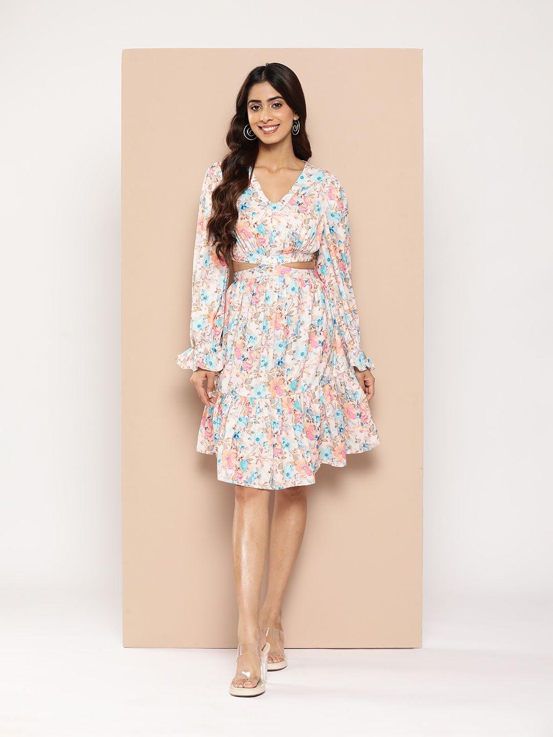 here&now floral print puff sleeves cut-out detail a-line dress