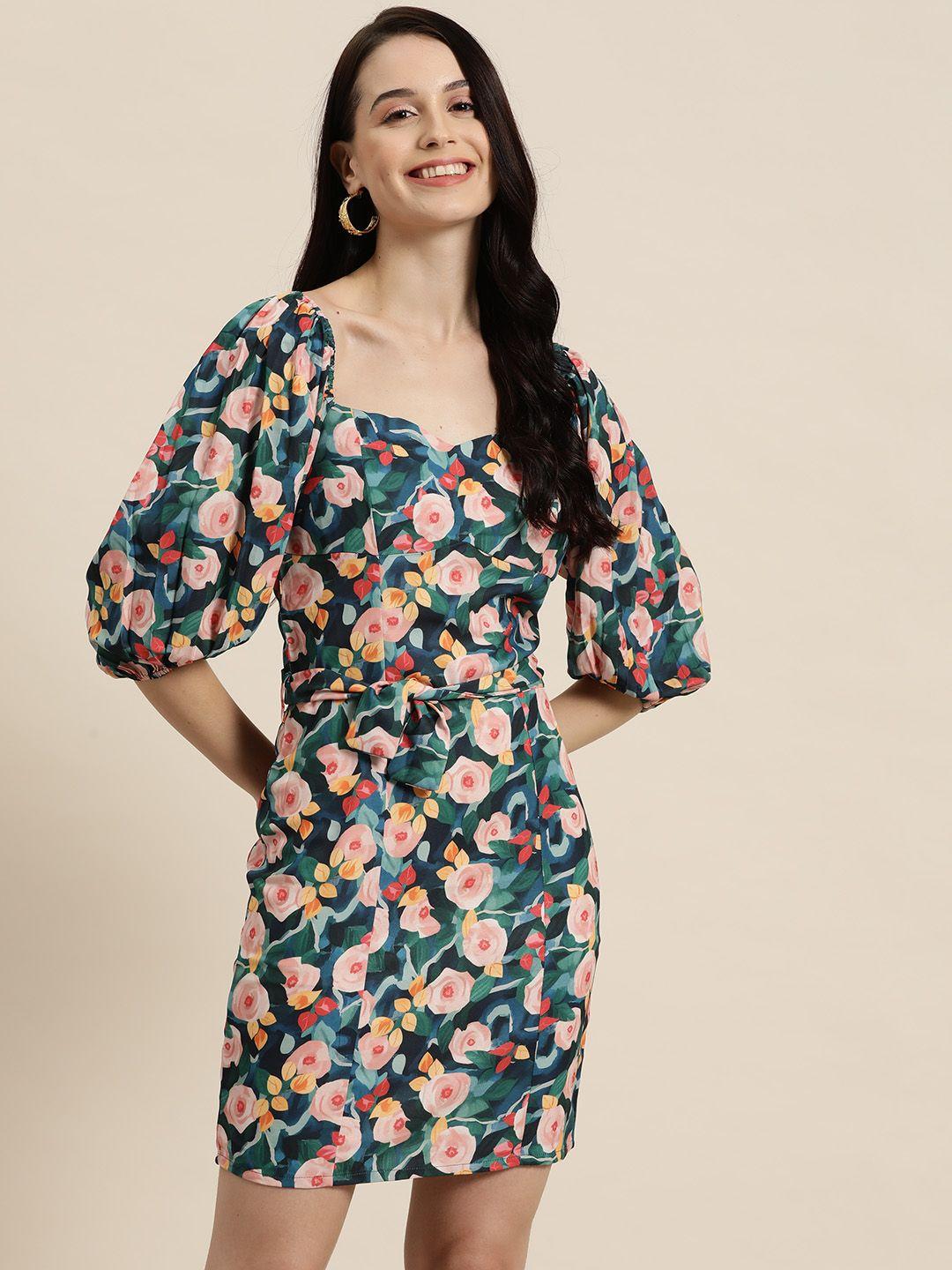 here&now floral print puff sleeves sheath dress with belt