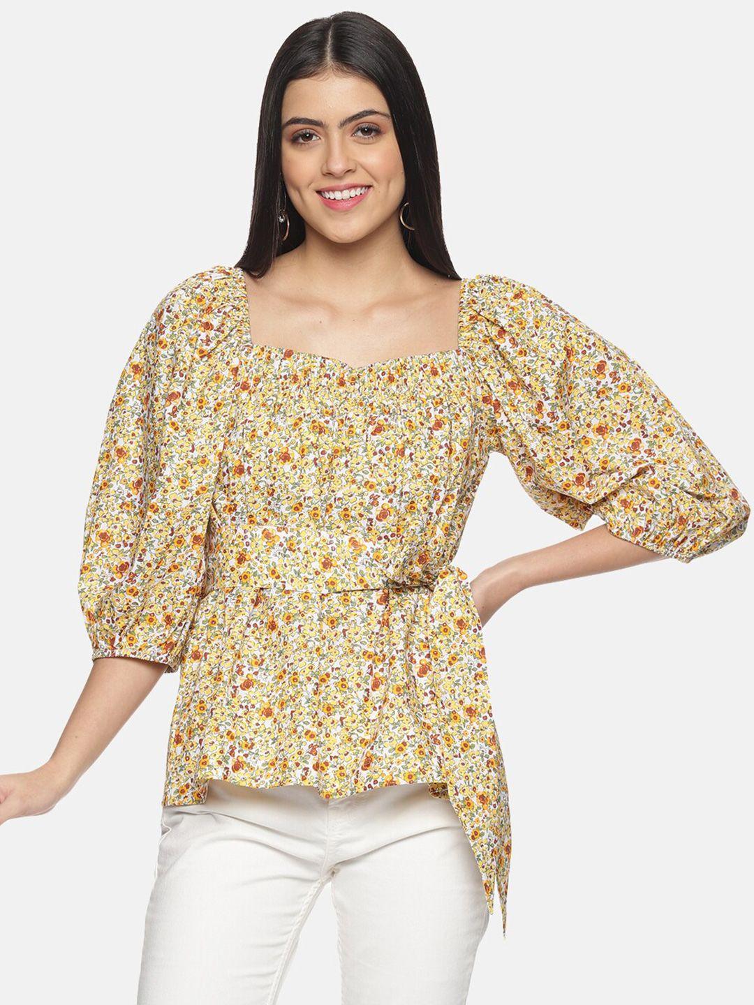 here&now floral print pure cotton cinched waist top