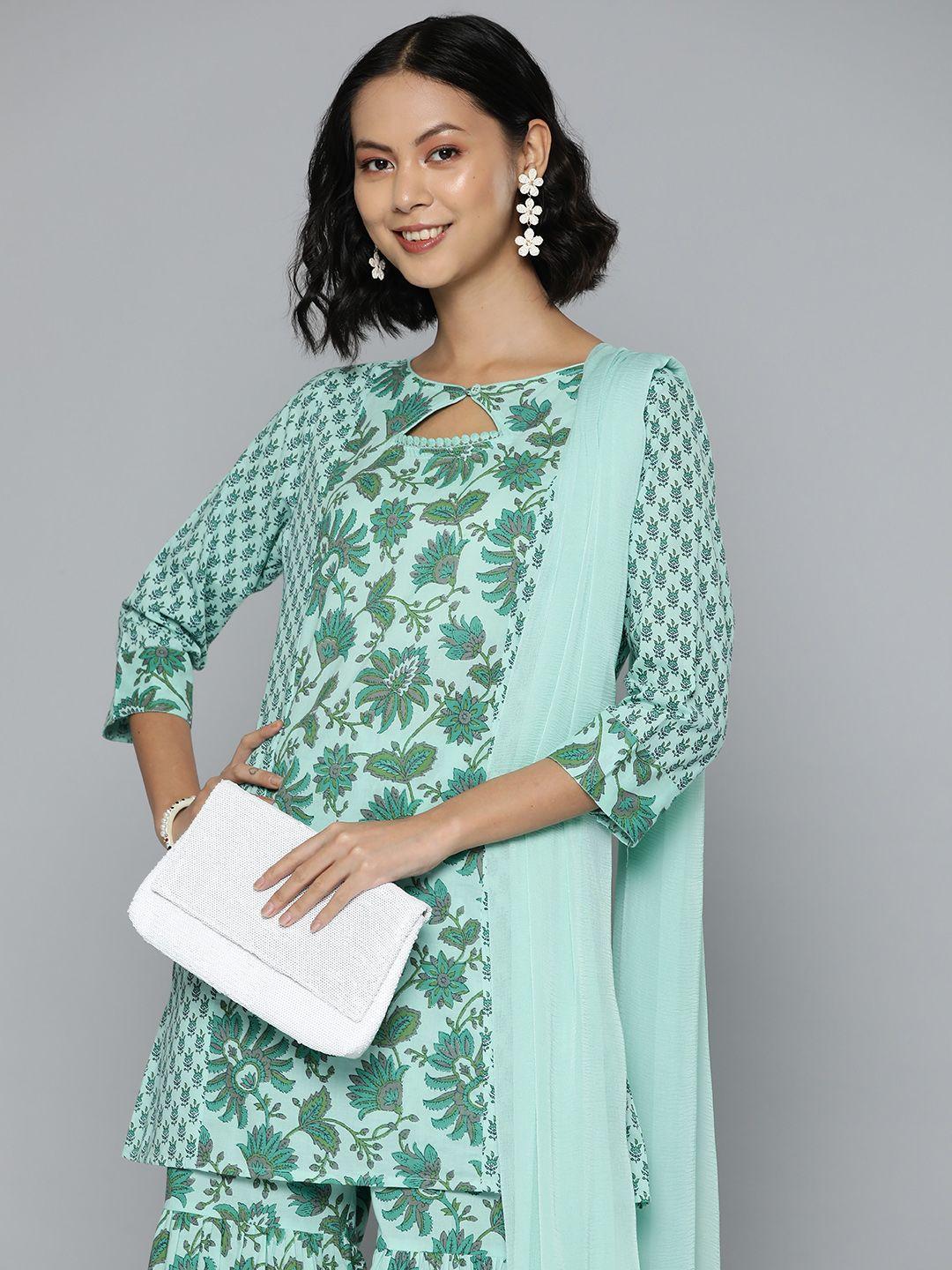 here&now floral print pure cotton kurta with sharara & dupatta