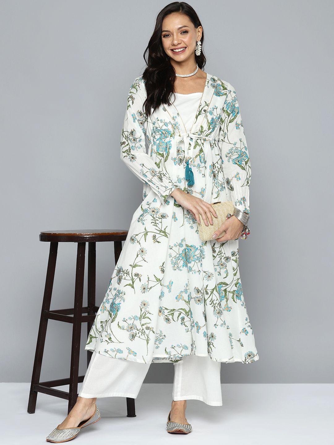 here&now floral print pure cotton layered kurta with palazzos & top
