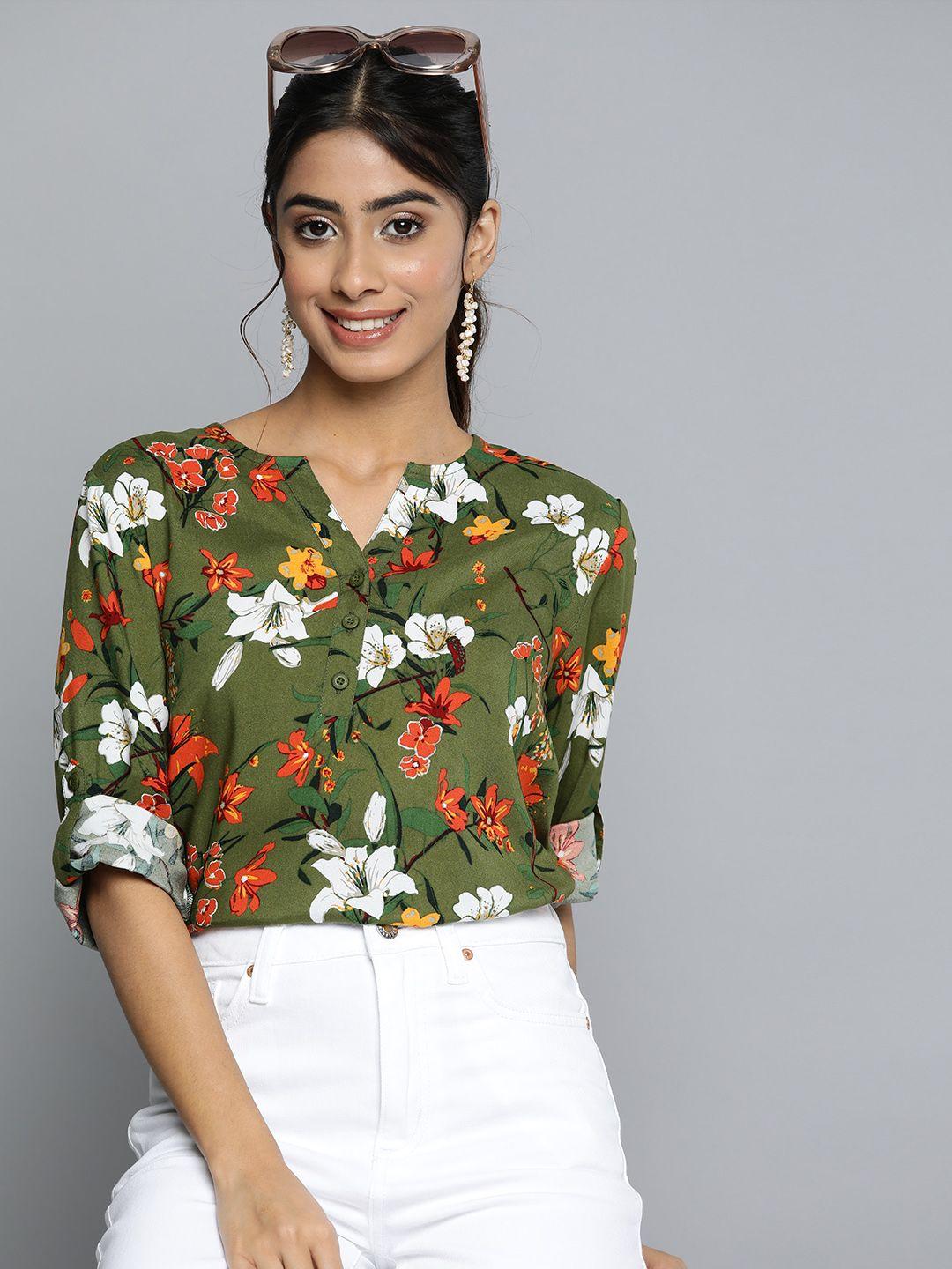 here&now floral print roll-up sleeves longline top