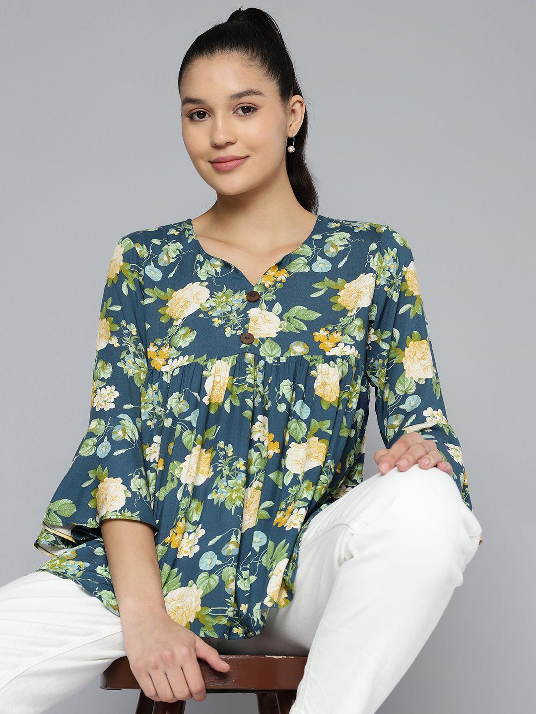 here&now floral print sweetheart neck flared sleeve top