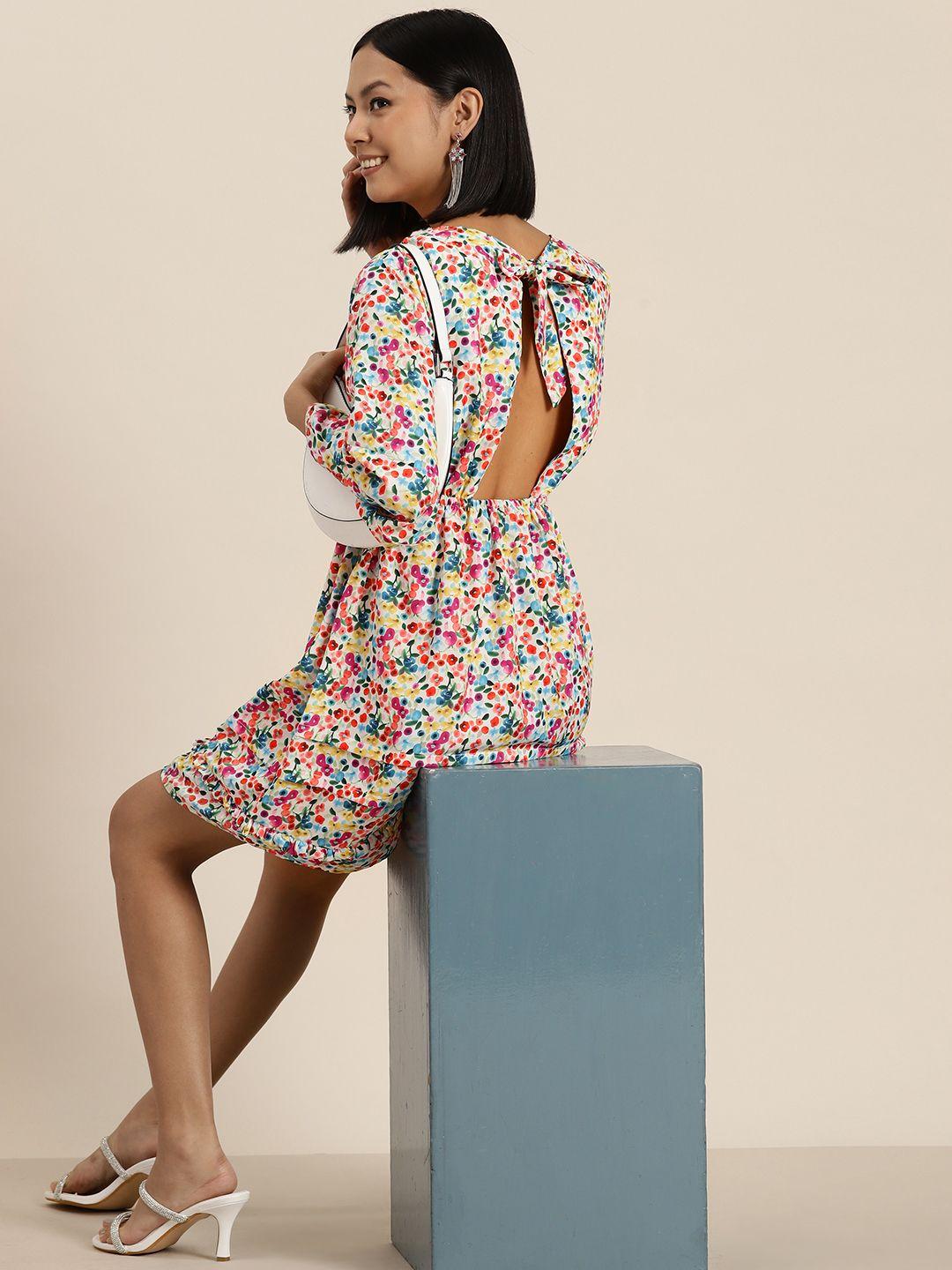 here&now floral print tie-up back fit & flare dress