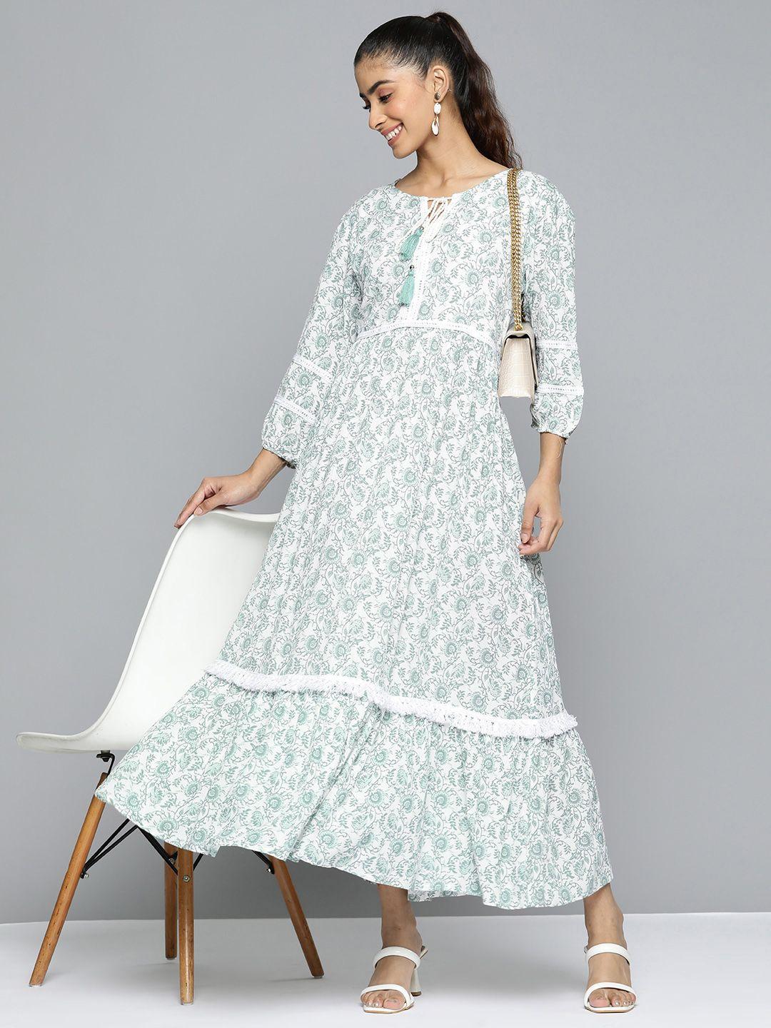 here&now floral print tie-up neck puff sleeve a-line maxi dress