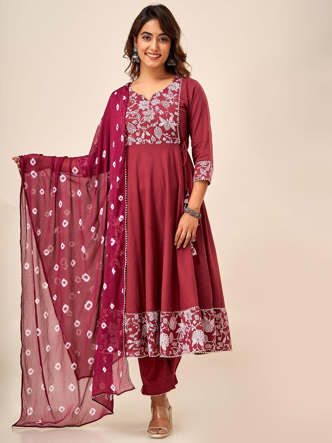 here&now floral printed anarkali pure cotton kurta with trousers & dupatta