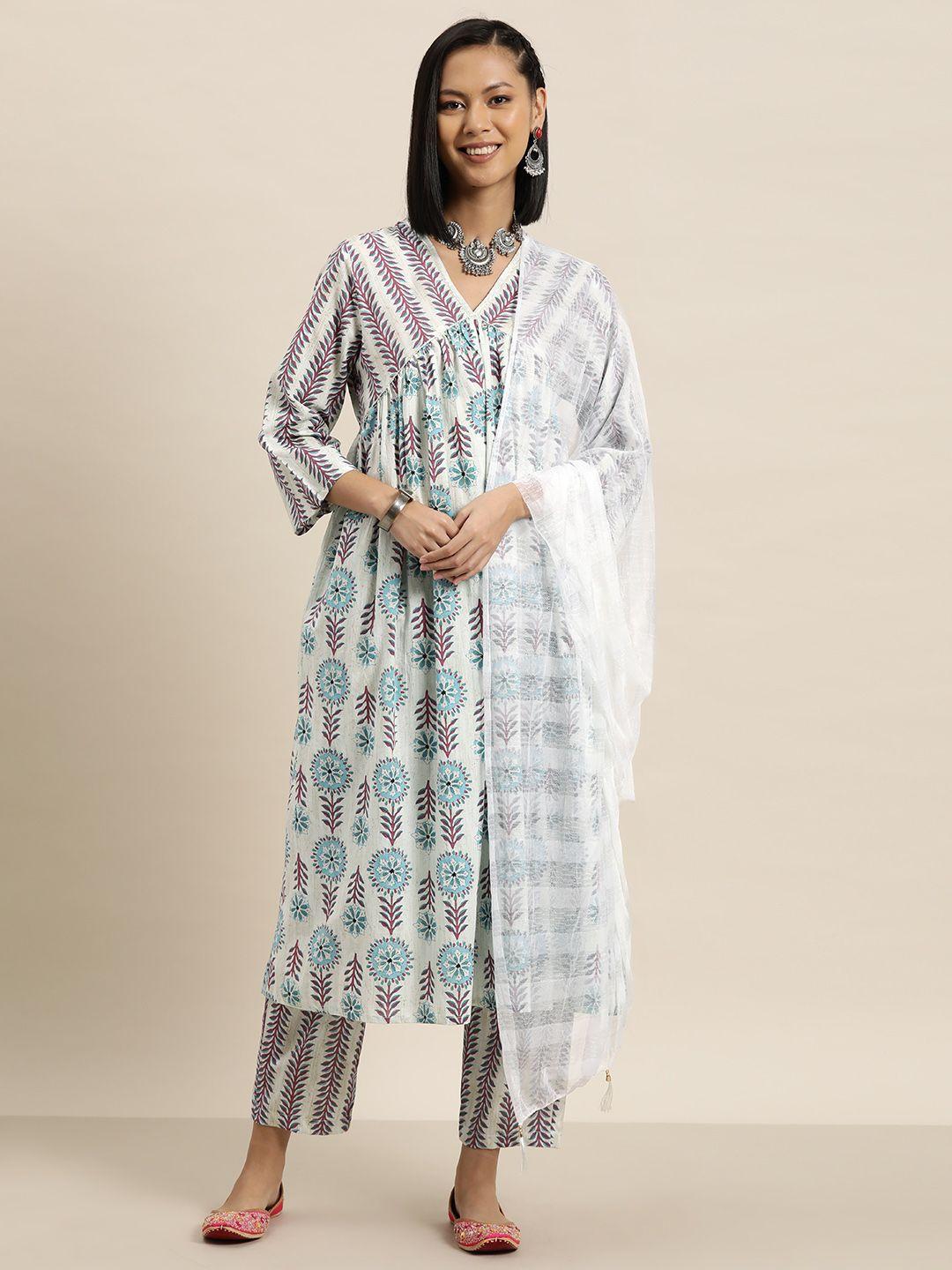 here&now floral printed empire gotta patti pure cotton kurta with trousers & dupatta