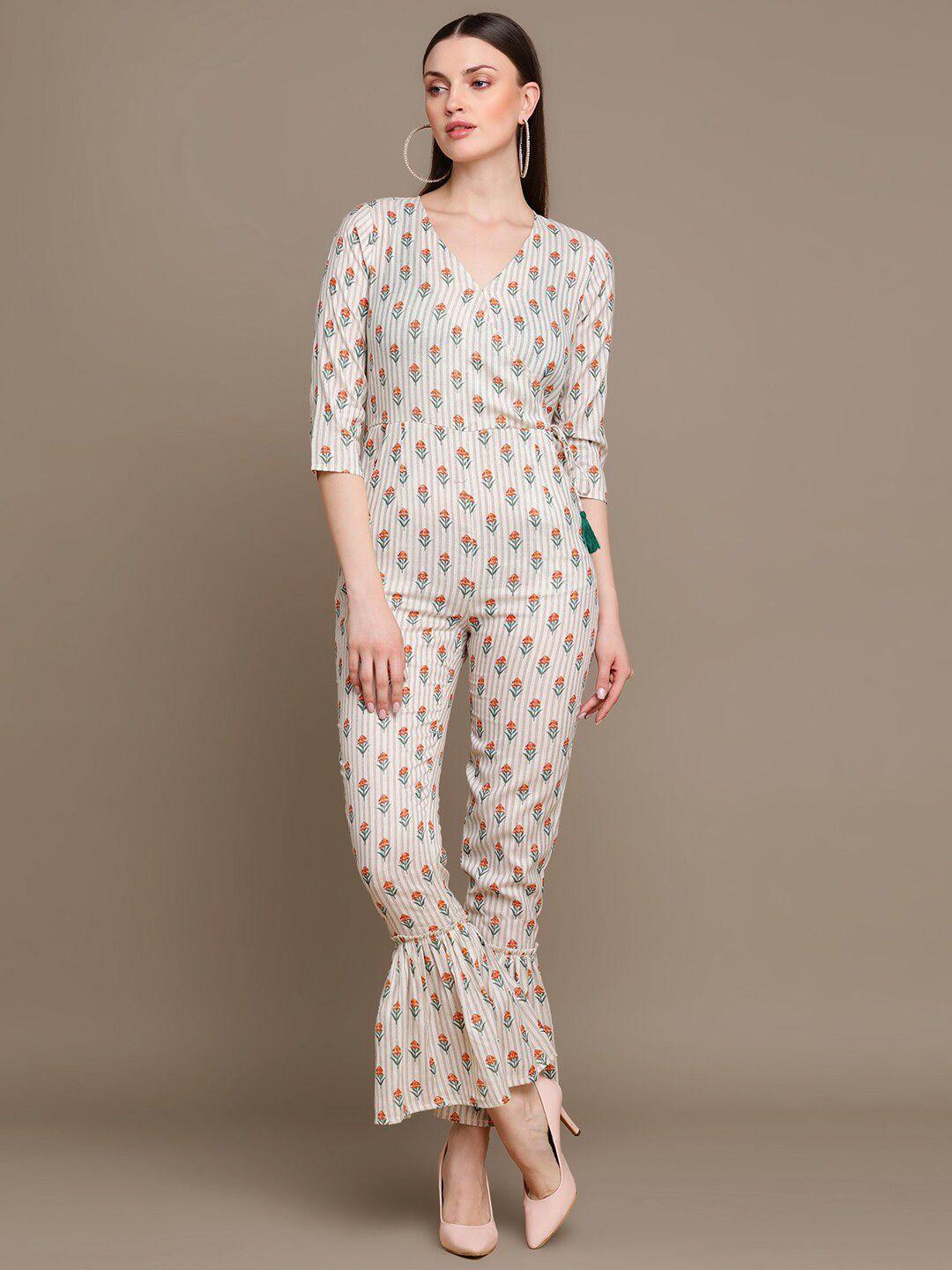 here&now floral printed gathered cotton basic jumpsuit