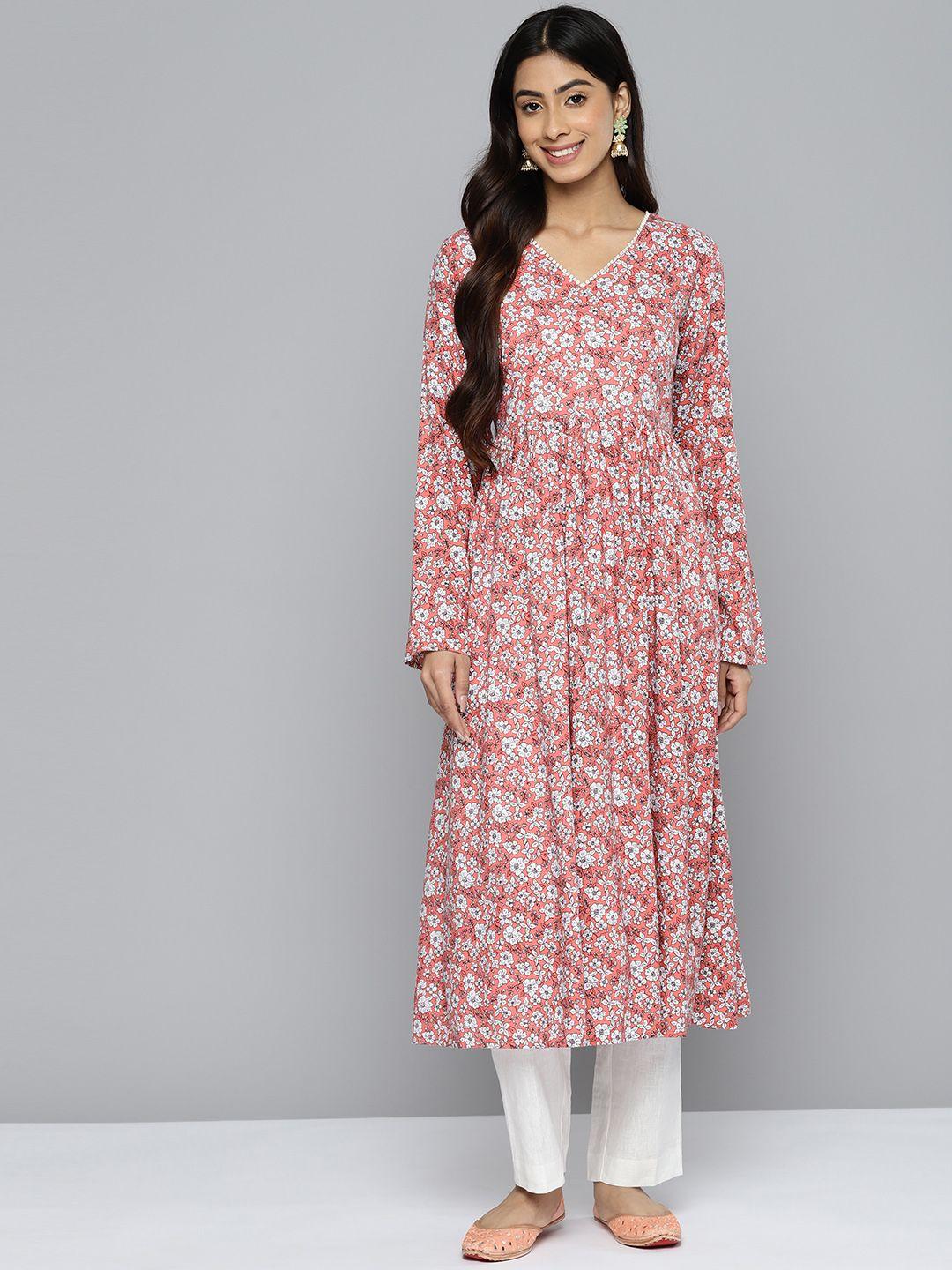 here&now floral printed gathered detail calf length a-line kurta