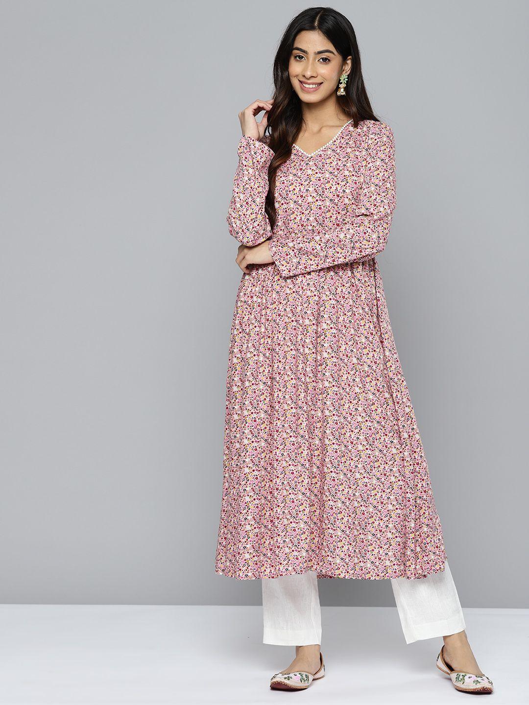 here&now floral printed gathered detail calf length a-line kurta