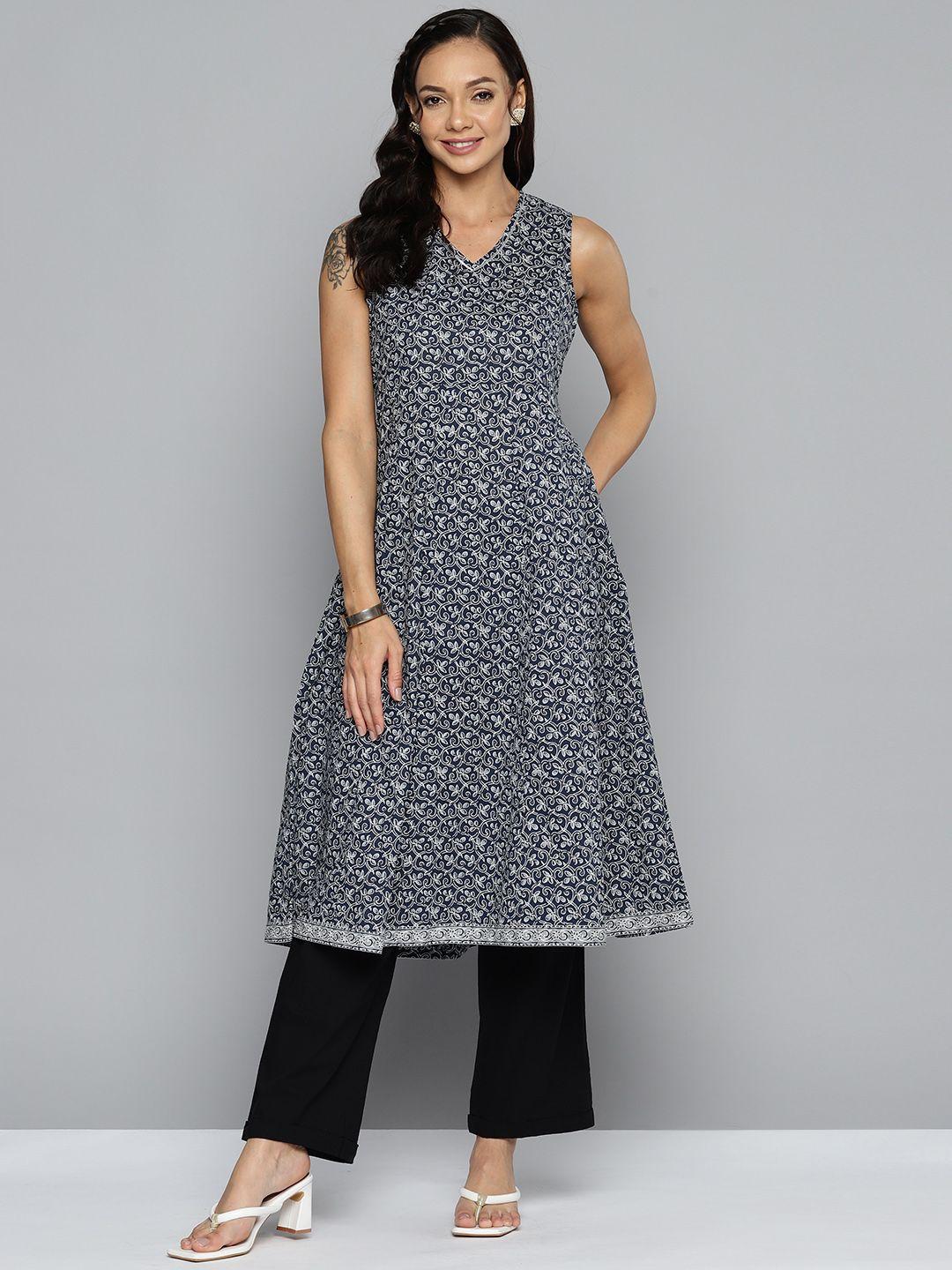 here&now floral printed gotta patti indigo pure cotton kurta