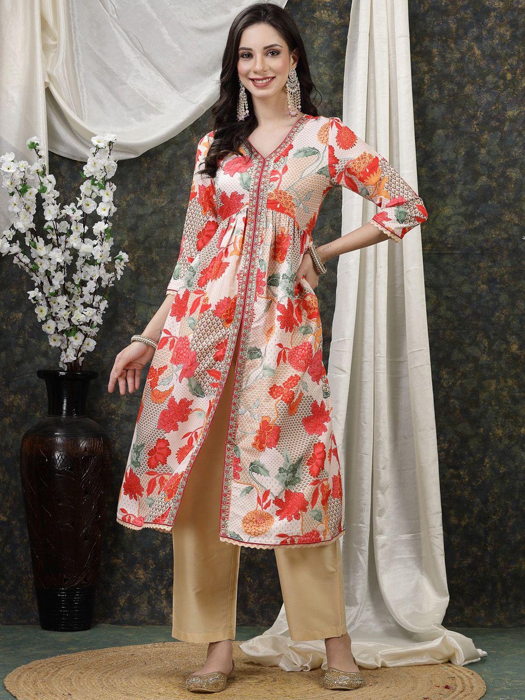 here&now floral printed high slit thread work a-line kurta & trousers with dupatta