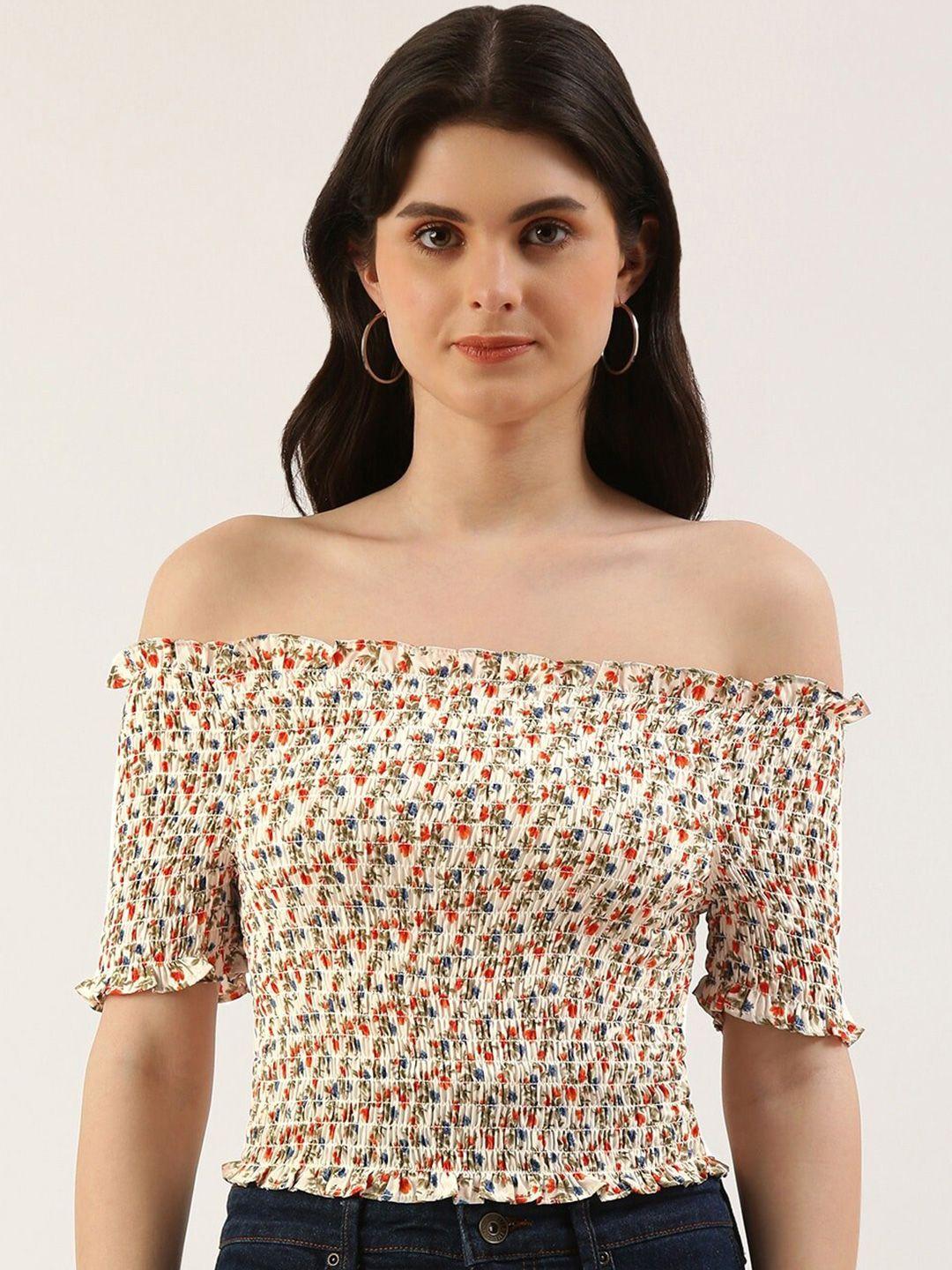 here&now floral printed off-shoulder smocking bardot top