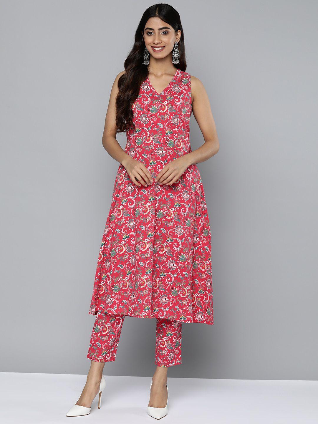 here&now floral printed pleated pure cotton kurta with trousers