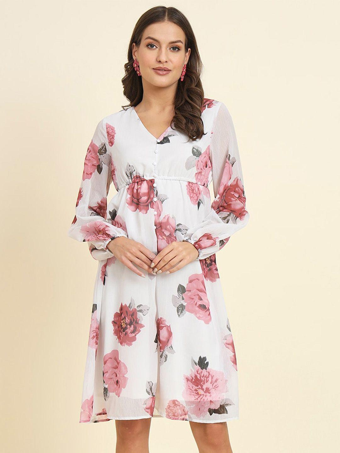 here&now floral printed puff sleeves chiffon a-line dress