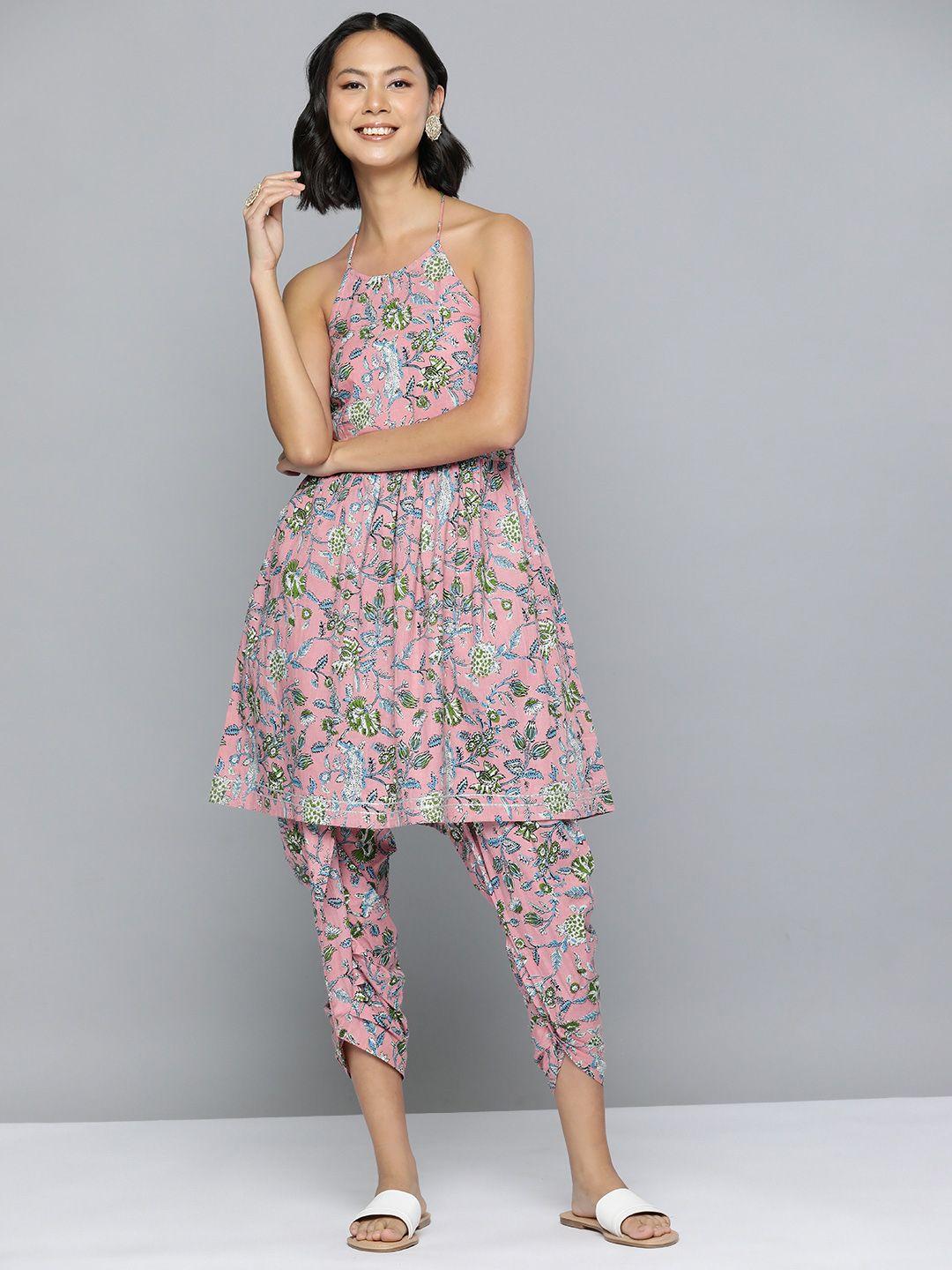 here&now floral printed pure cotton a-line kurta with dhoti pants