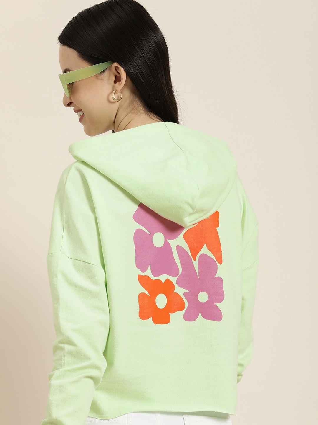 here&now floral printed pure cotton hooded crop sweatshirt