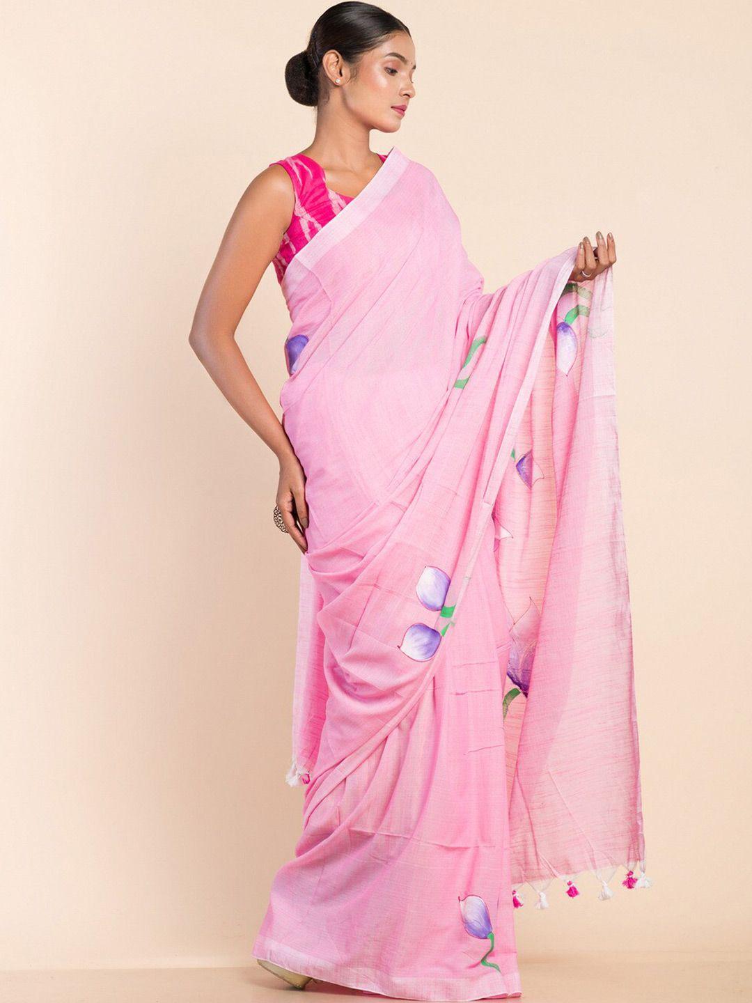 here&now floral printed pure cotton khadi saree
