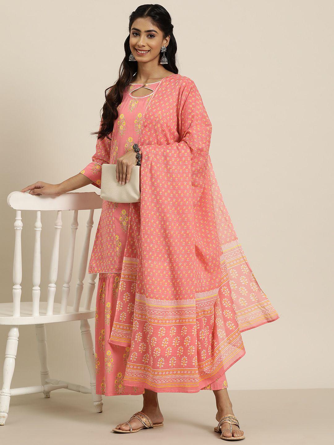 here&now floral printed pure cotton kurta with sharara & dupatta