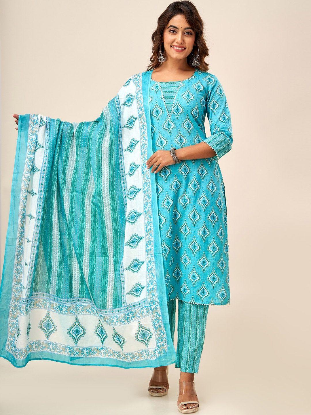 here&now floral printed pure cotton kurta with trousers & dupatta