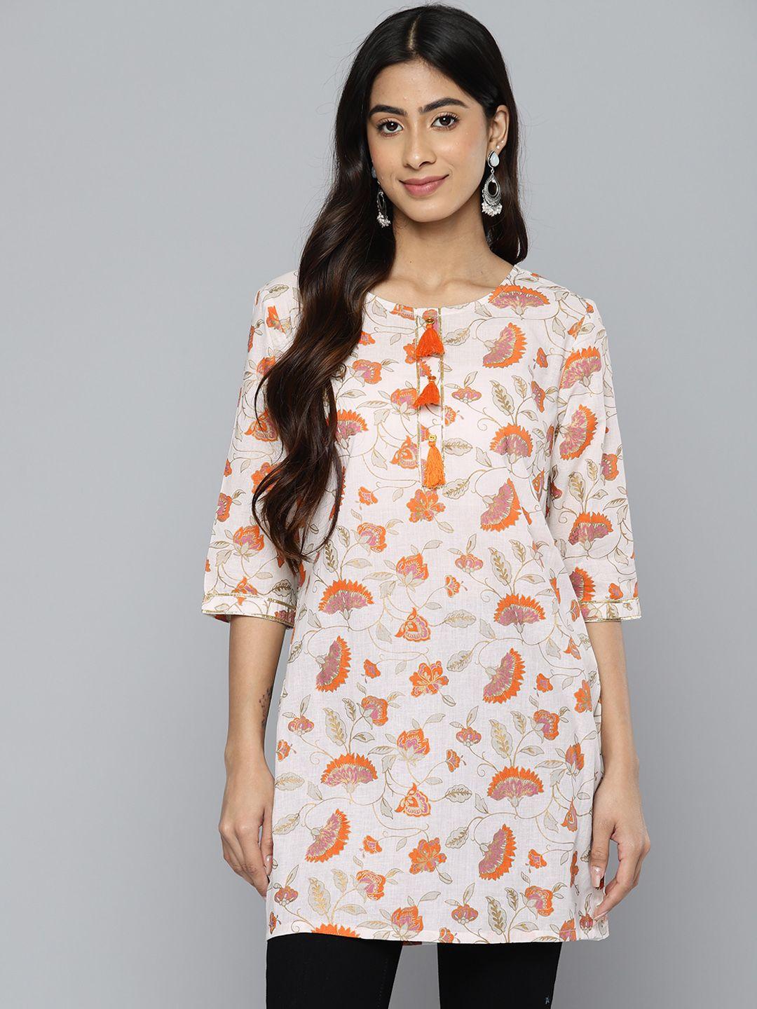 here&now floral printed pure cotton straight kurti with tasselled detail