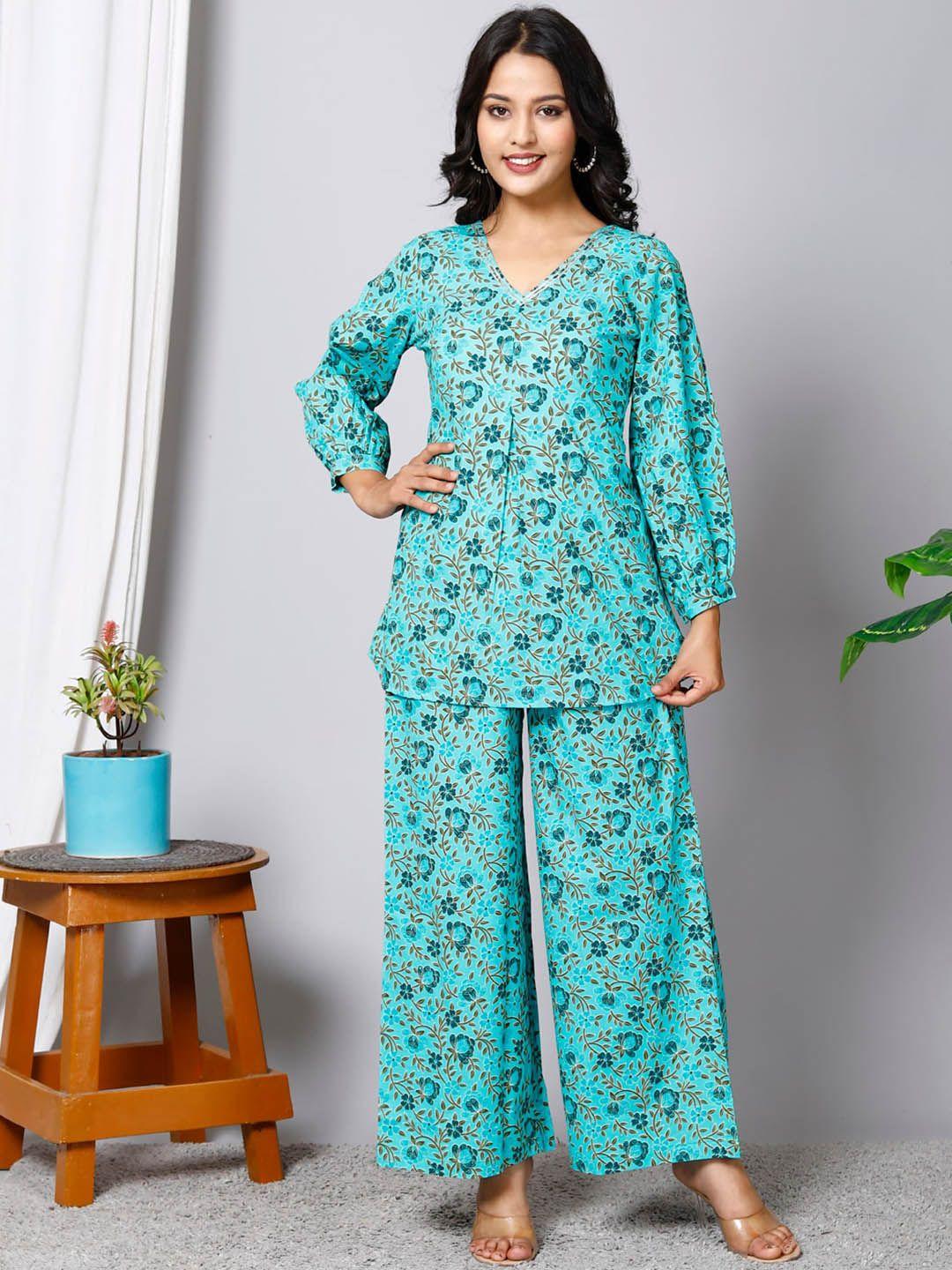 here&now floral printed pure cotton tunic with palazzos