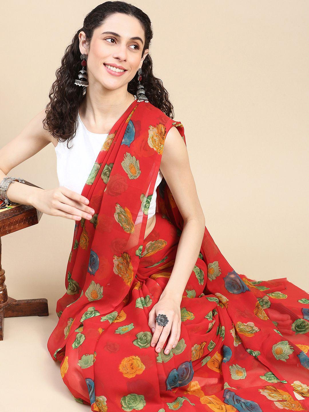 here&now floral printed pure georgette saree