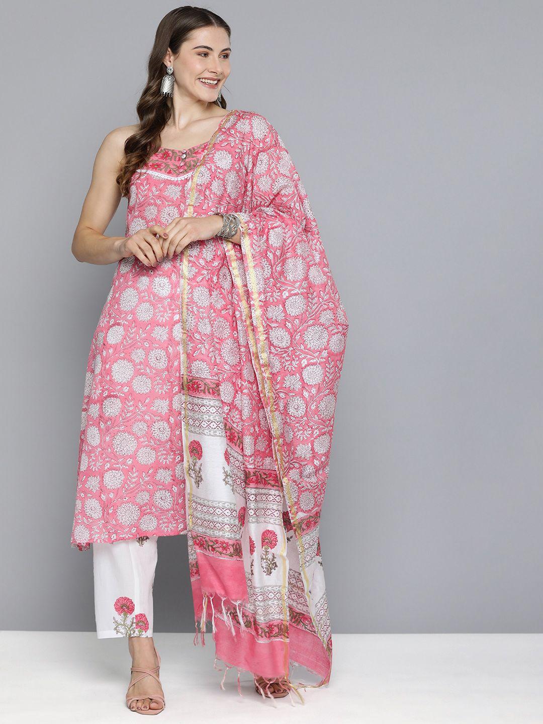 here&now floral printed regular pure cotton kurta with palazzos & with dupatta