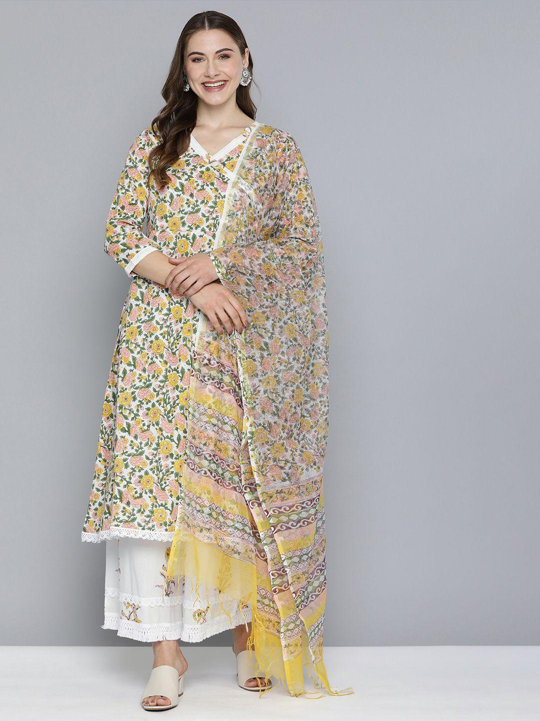 here&now floral printed regular pure cotton kurta with palazzos & with dupatta