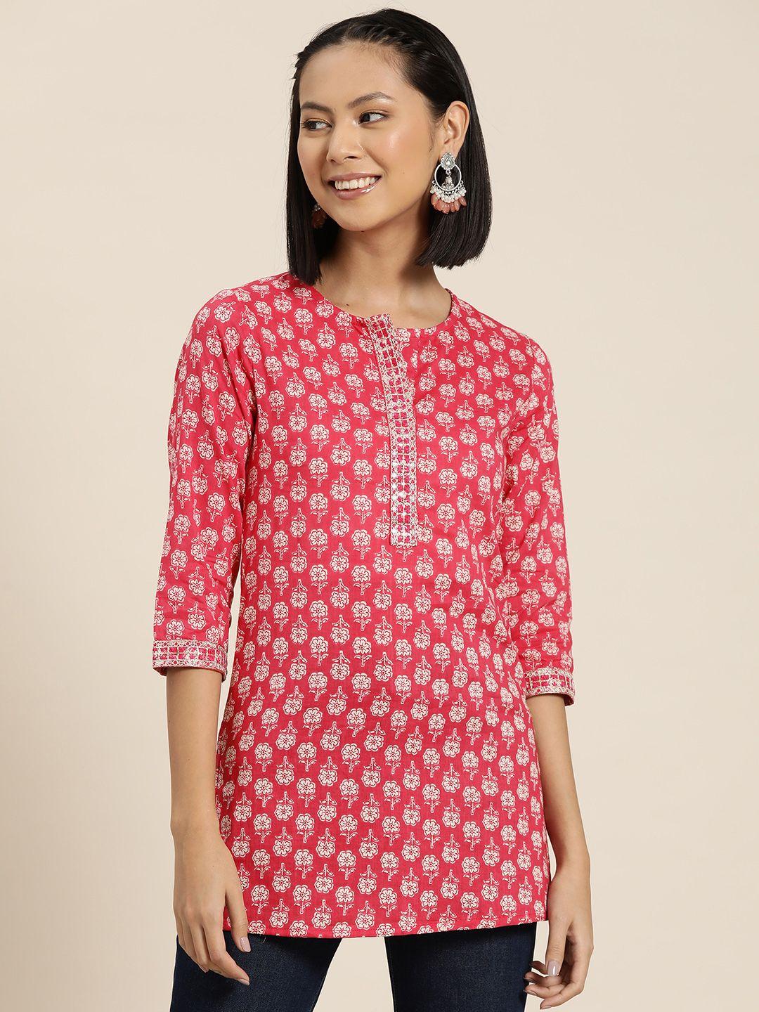 here&now floral printed sequinned pure cotton kurti