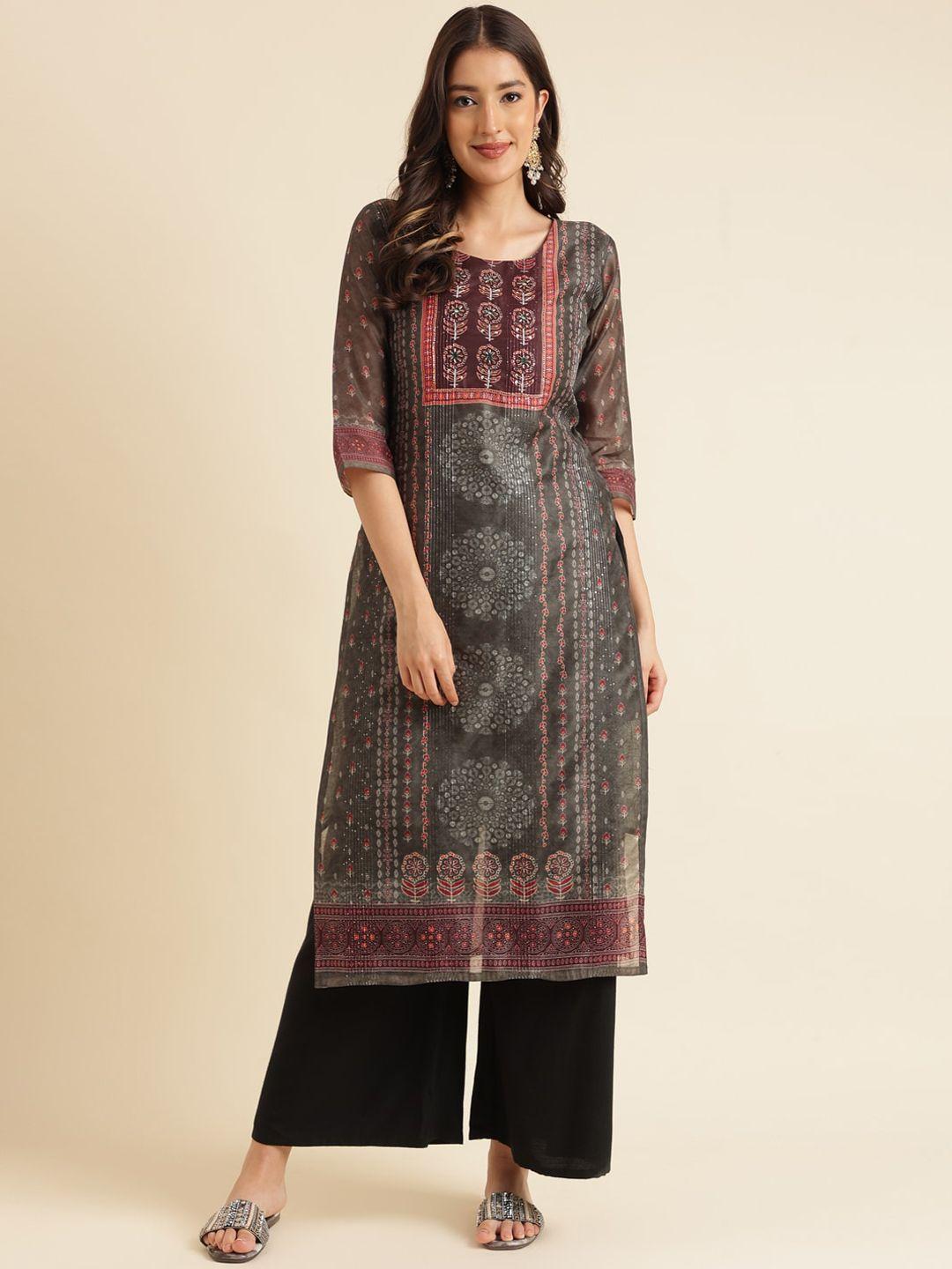 here&now floral printed sequinned straight kurta