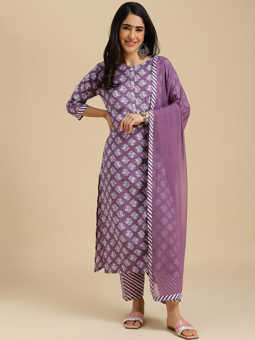 here&now floral printed straight kurta with trousers & dupatta