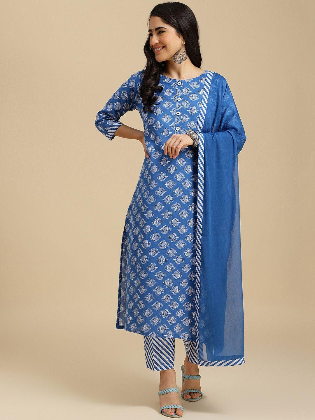 here&now floral printed straight kurta with trousers & dupatta