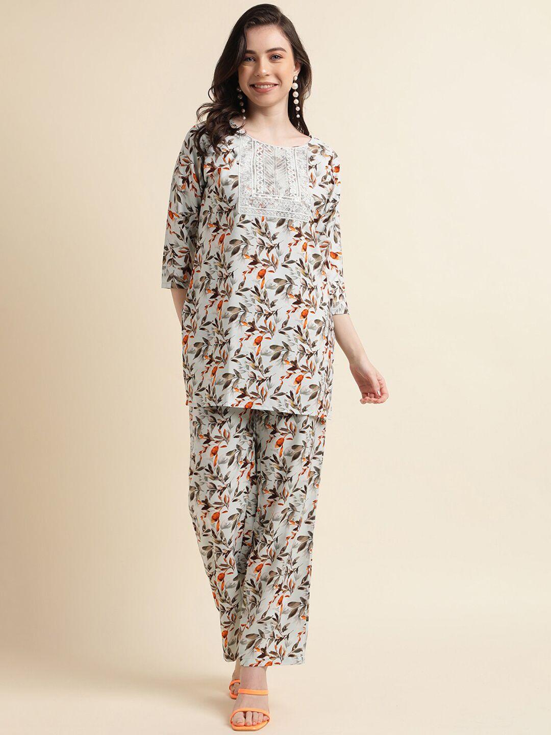 here&now floral printed thread work tunic with trouser co-ords