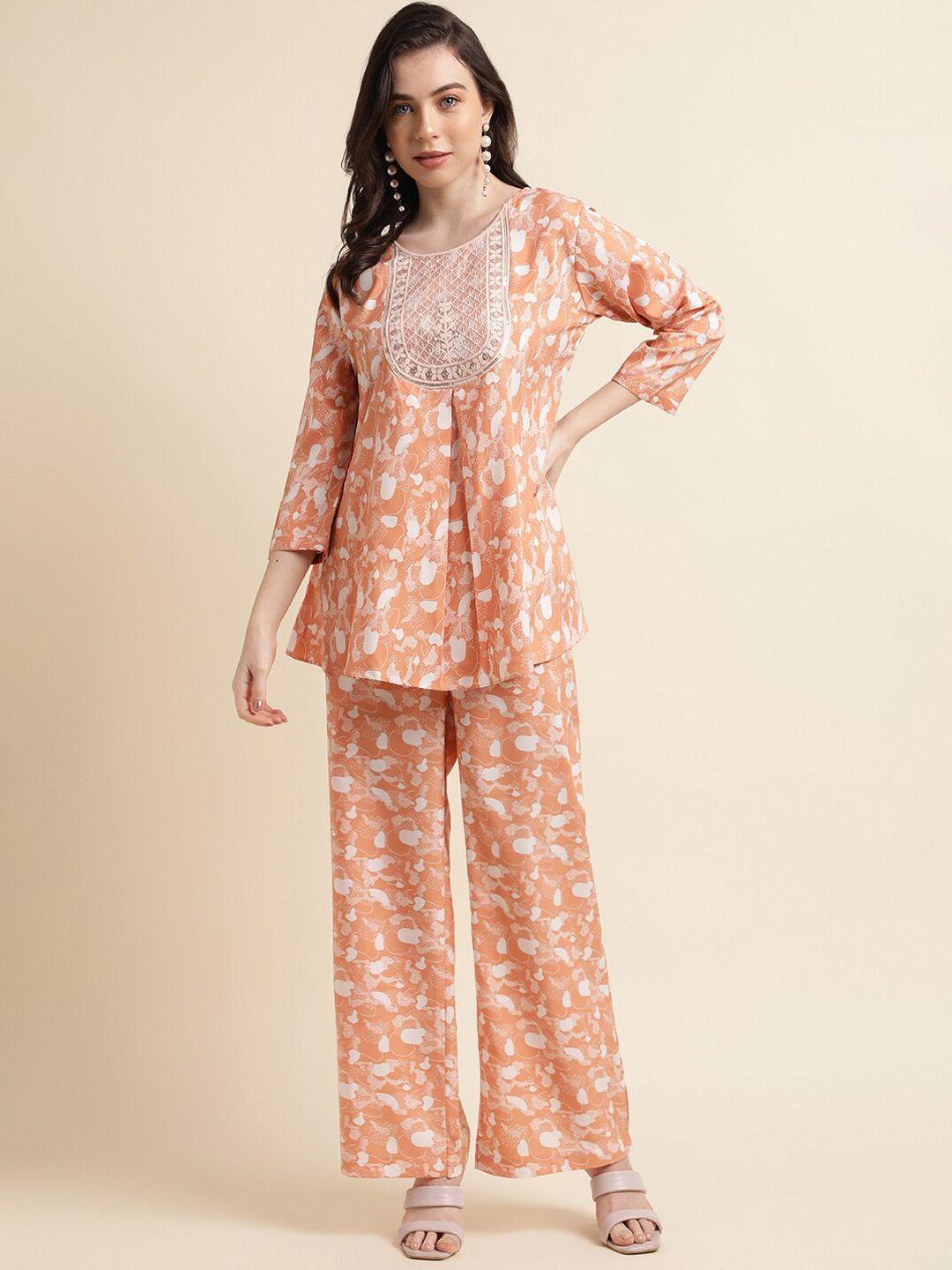 here&now floral printed tunic thread work with trouser co-ords