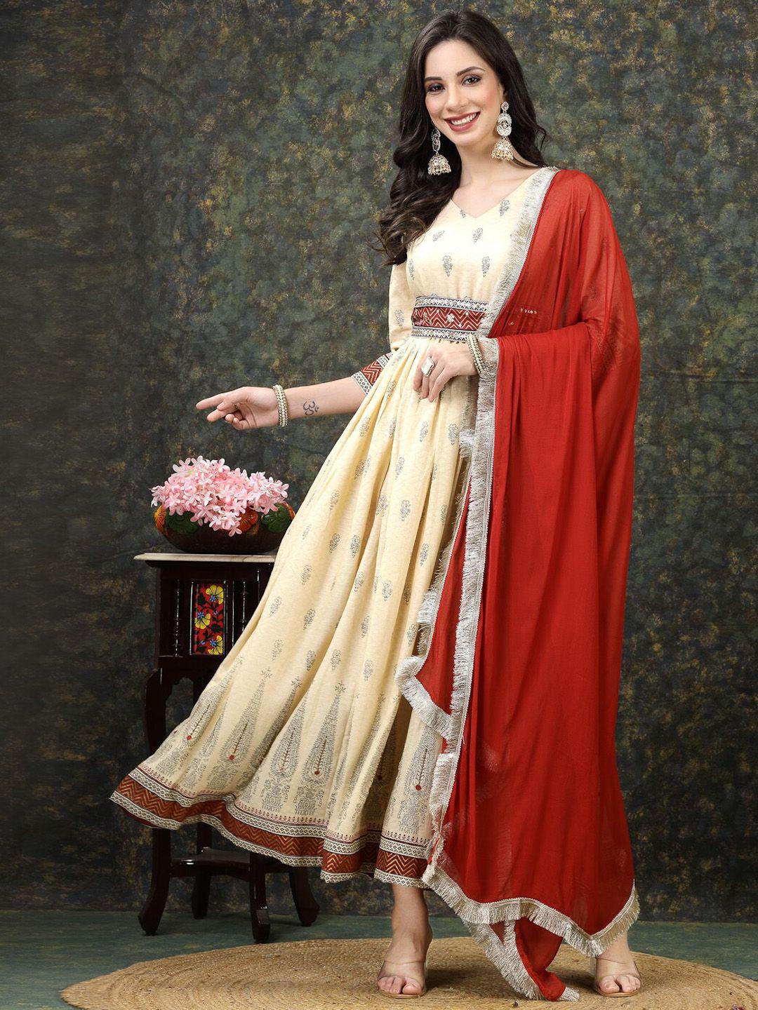 here&now floral printed v-neck anarkali kurta with dupatta