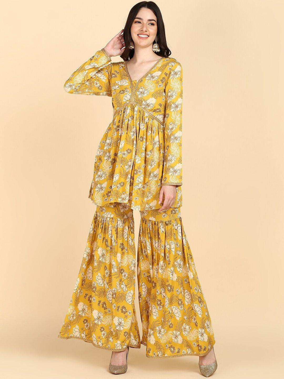 here&now floral printed v-neck empire a-line kurti with sharara