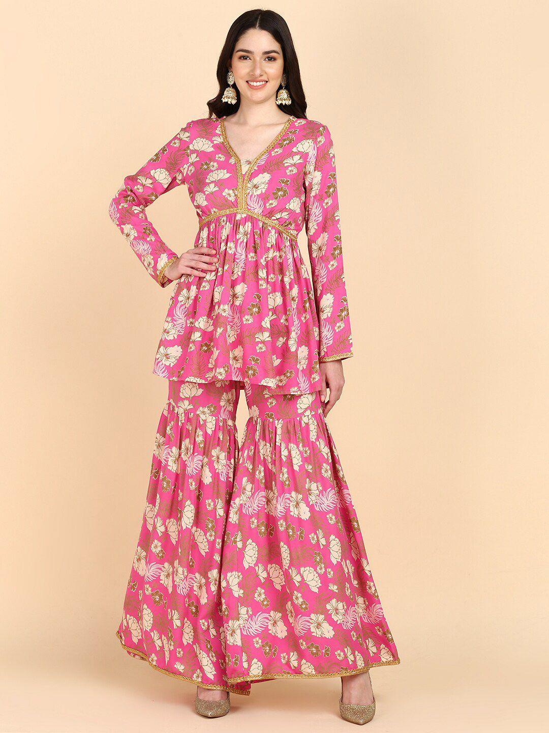 here&now floral printed v-neck empire a-line kurti with sharara