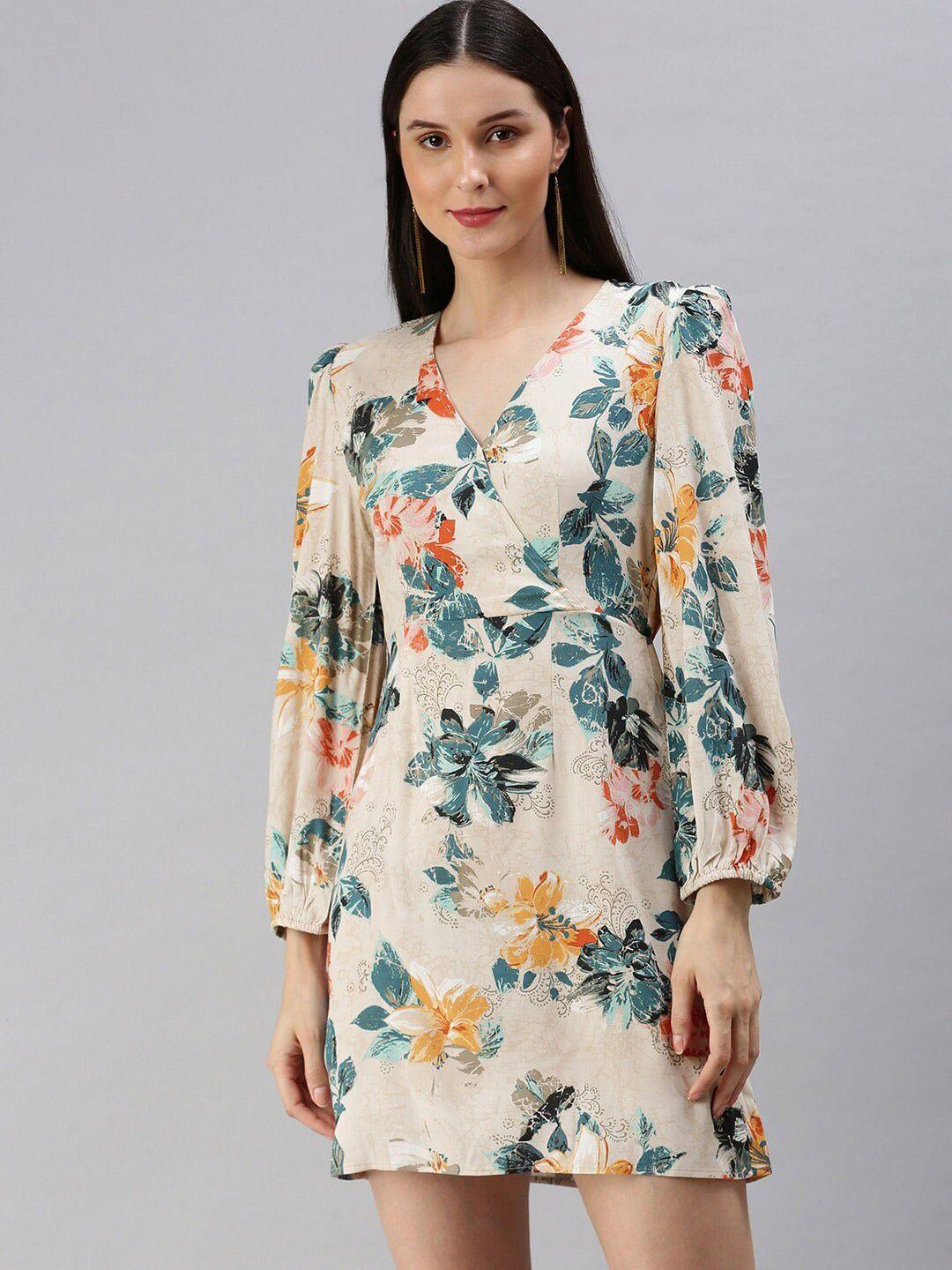 here&now floral printed v-neck puff sleeve a-line dress